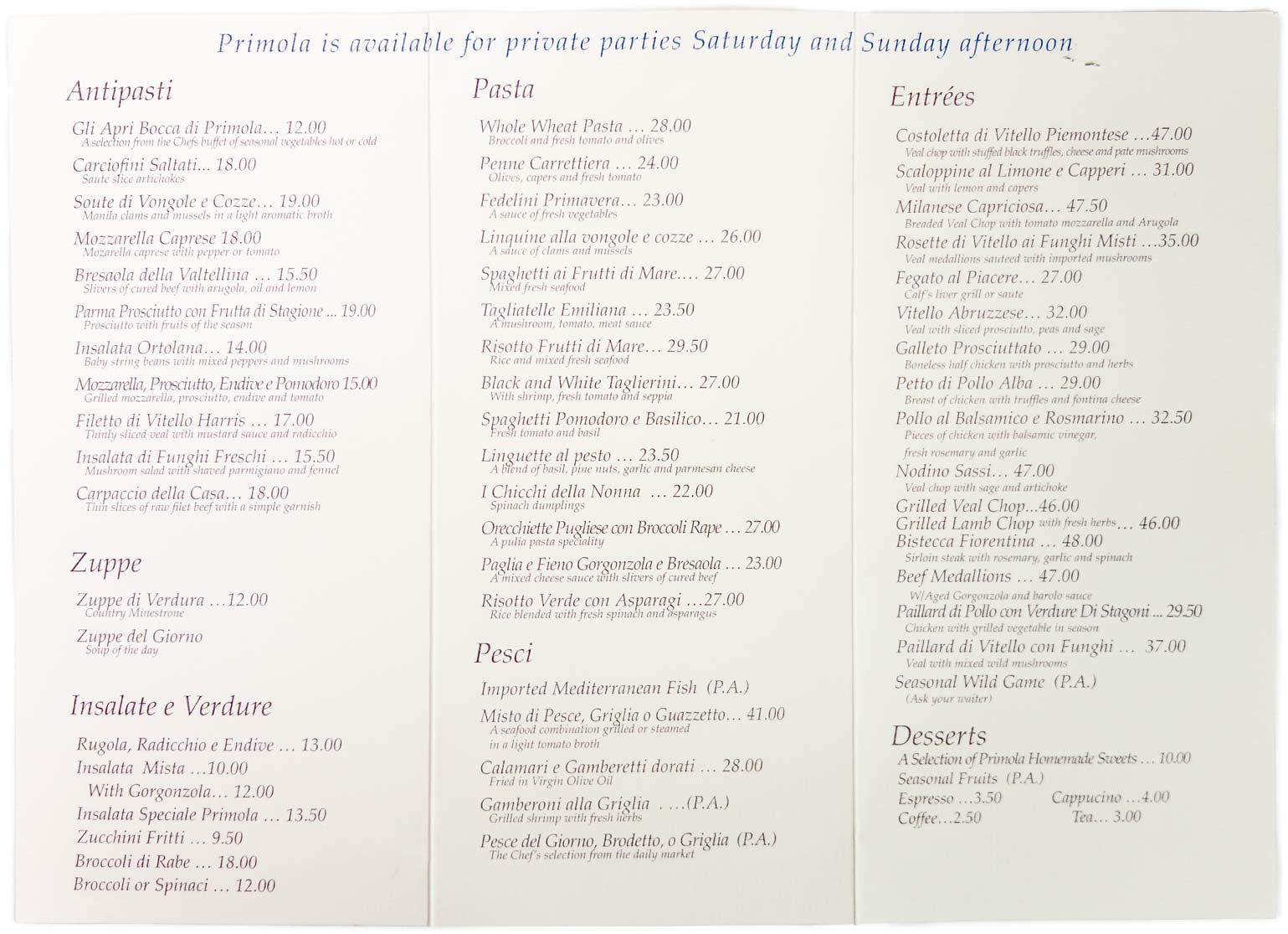 Primola Restaurant Menu